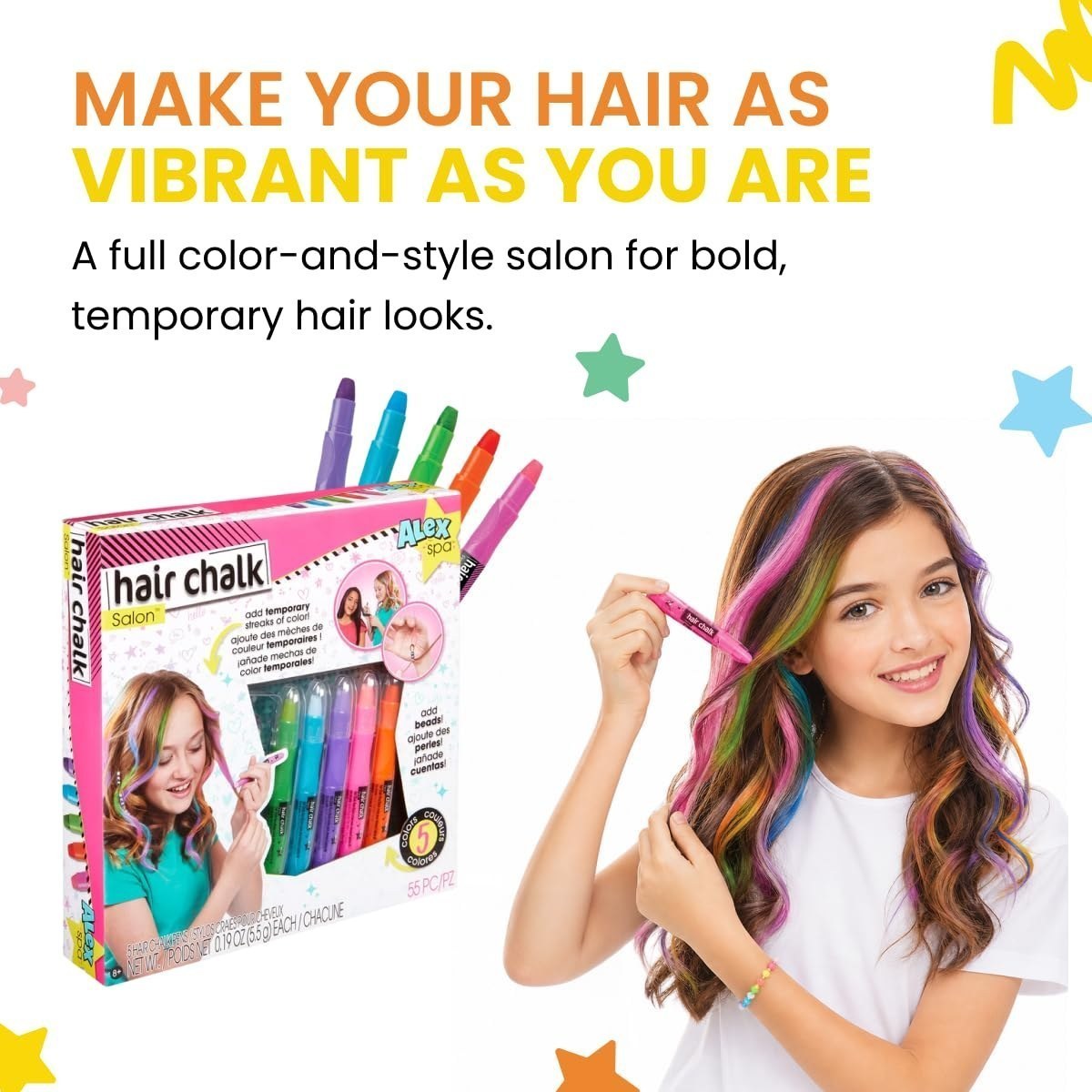 Hair Chalk Salon Kit, Washable Temporary Hair Color Activity Set — view 3