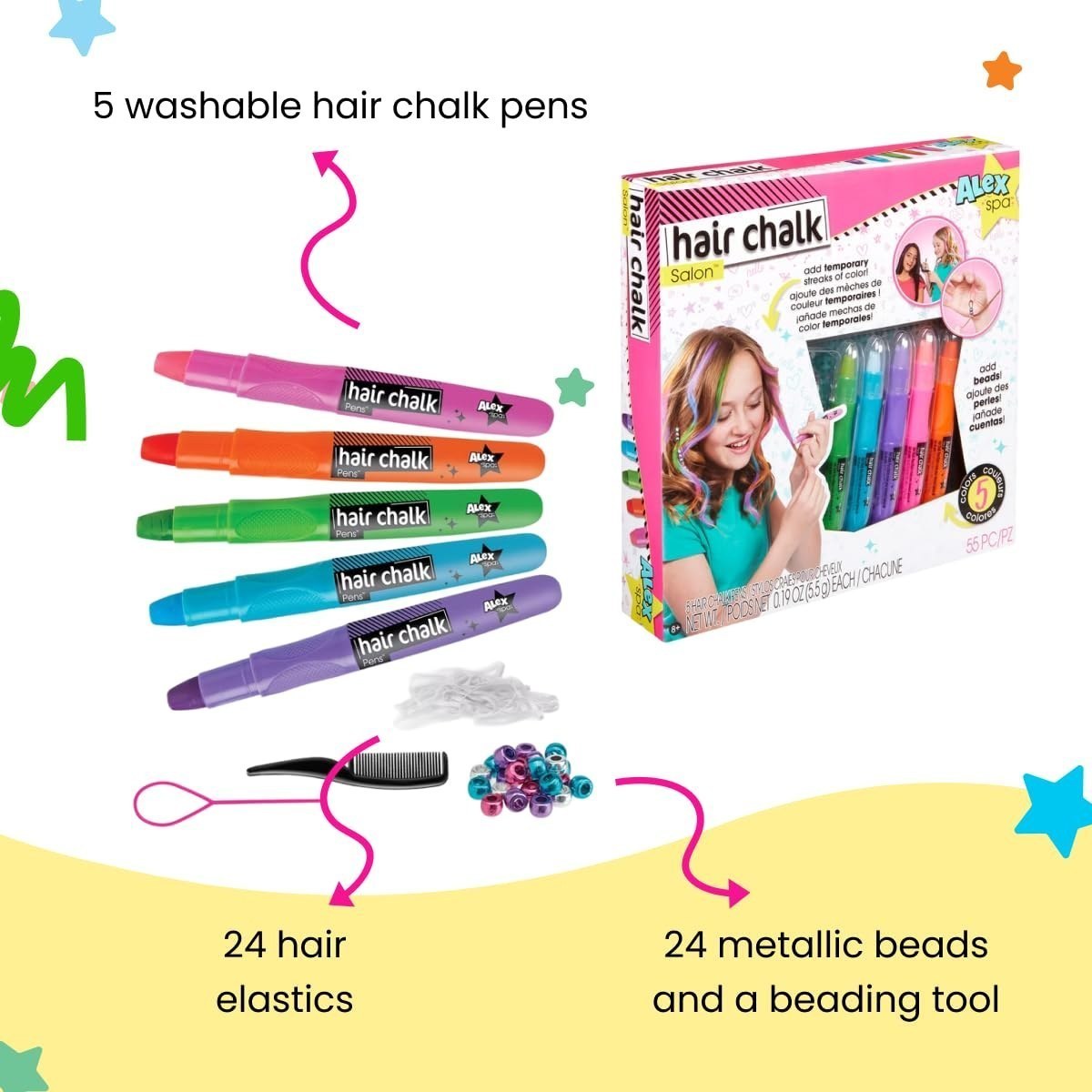 Hair Chalk Salon Kit, Washable Temporary Hair Color Activity Set — view 4